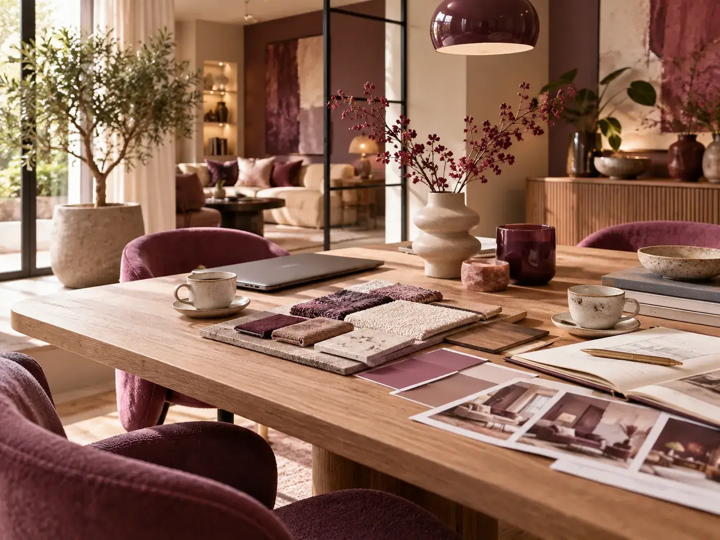 Partnersafbeelding van Living Spot met een stijlvolle interieurstudio, materiaalstalen en warme woondecoratie in paarse tinten.