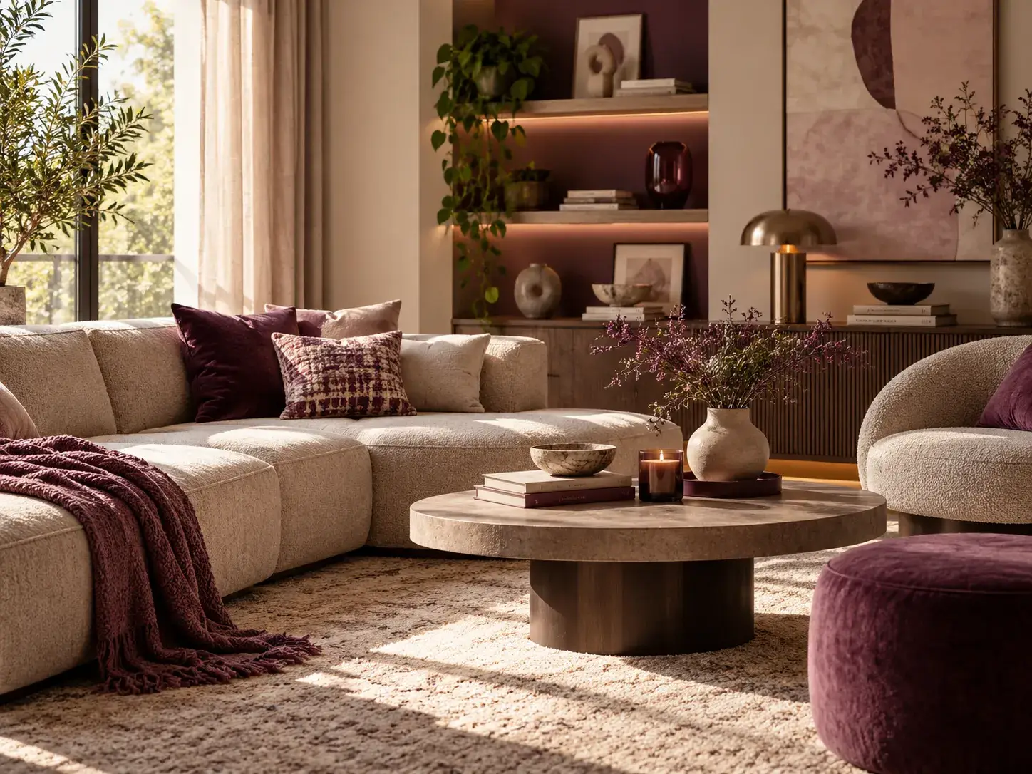 Over ons afbeelding van Living Spot met een warme woonkamer, moderne meubels en elegante paarse woonaccessoires.