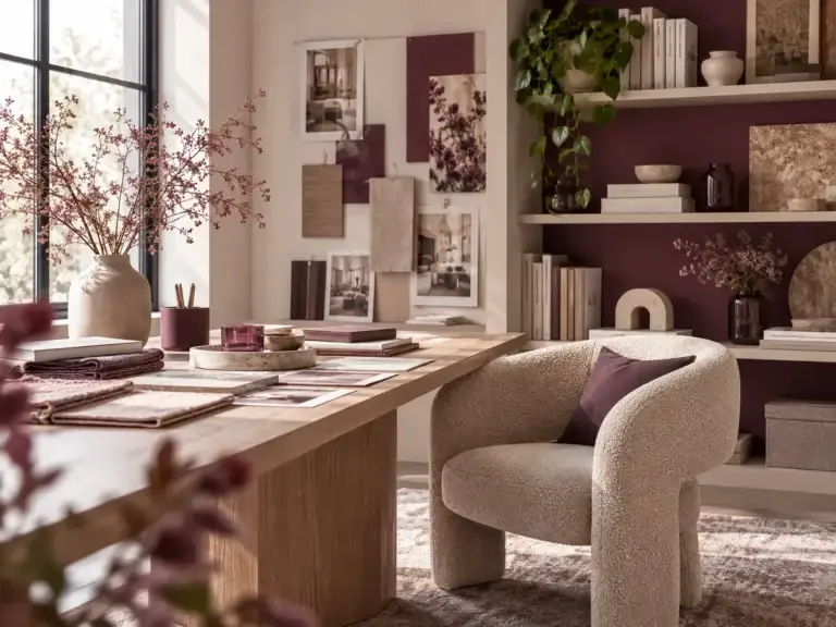 Over ons afbeelding van Living Spot met een creatieve interieurwerkplek, moodboards, materiaalstalen en moderne woondecoratie.