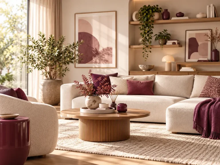 FAQ afbeelding van Living Spot met een stijlvolle woonkamer, zachte neutrale tinten en warme paarse woonaccenten.