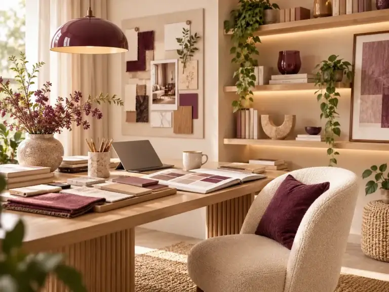 FAQ afbeelding van Living Spot met een moderne interieurstudio, materiaalstalen en stijlvolle lifestyle-elementen in paarse tinten.