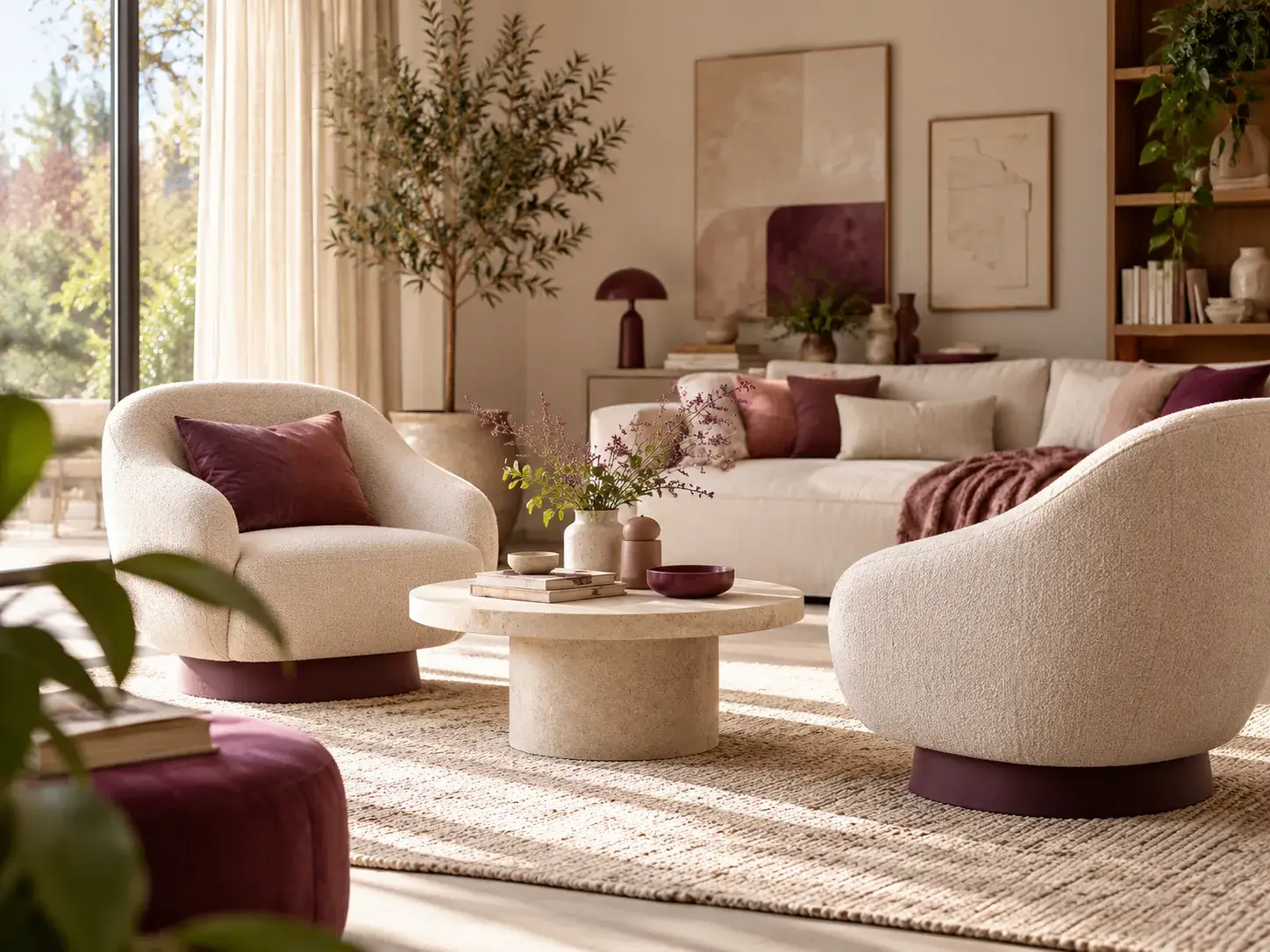 Contact afbeelding van Living Spot met een stijlvolle zithoek, moderne fauteuils en warme paarse woonaccenten.