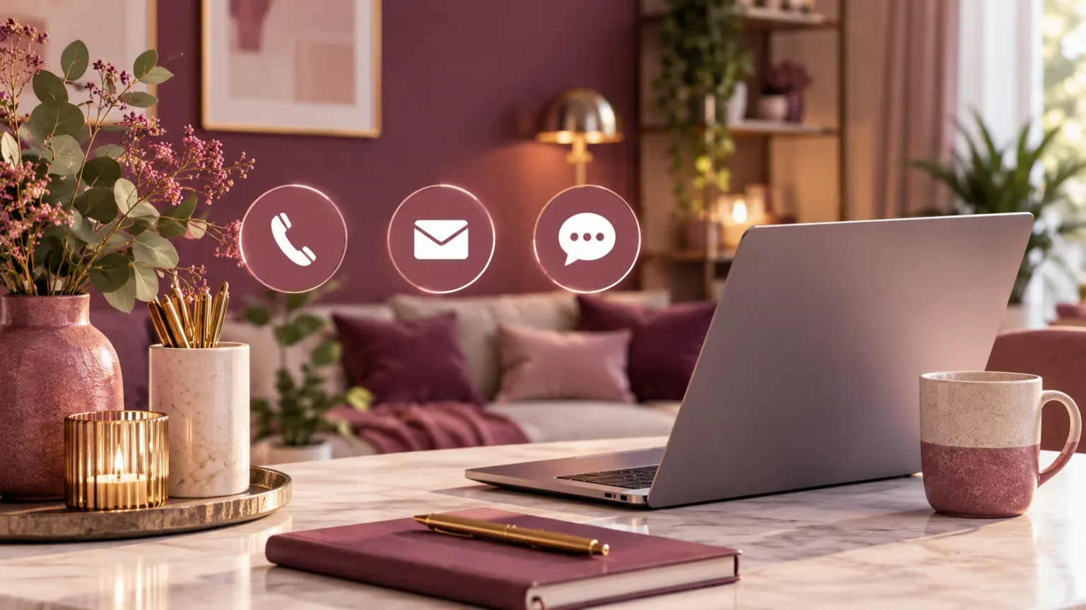 Sfeervolle contactafbeelding voor Living Spot met een stijlvolle werkplek, laptop en warme woonaccessoires in een modern interieur over wonen, interieur en lifestyle.