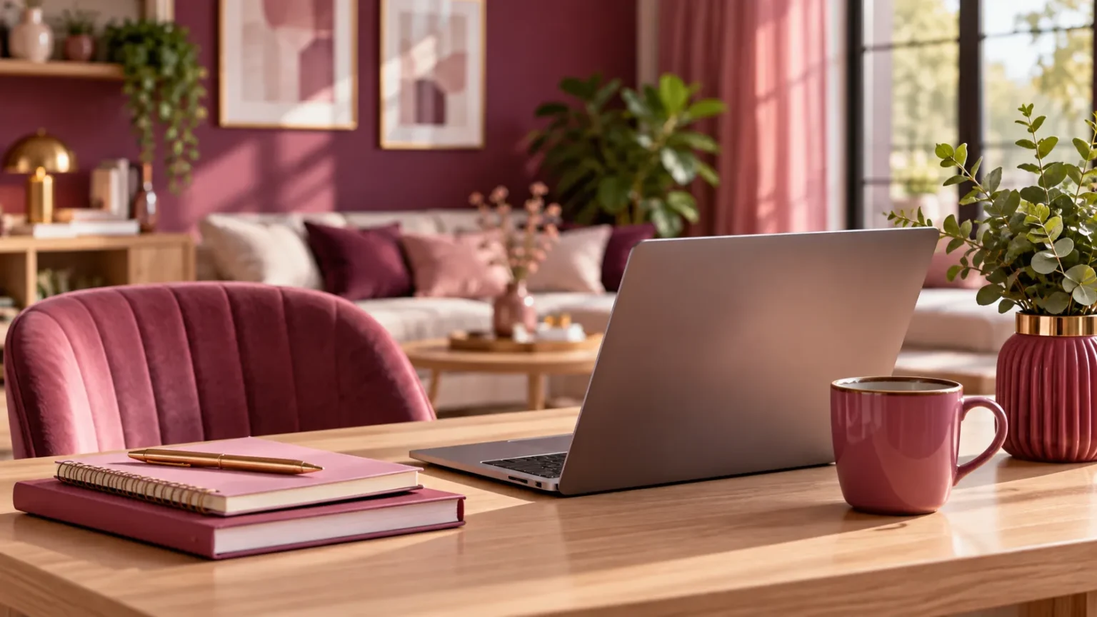 Moderne contactafbeelding voor Living Spot met een laptop op een houten bureau in een gezellig interieur, passend bij wonen, interieur en lifestyle.
