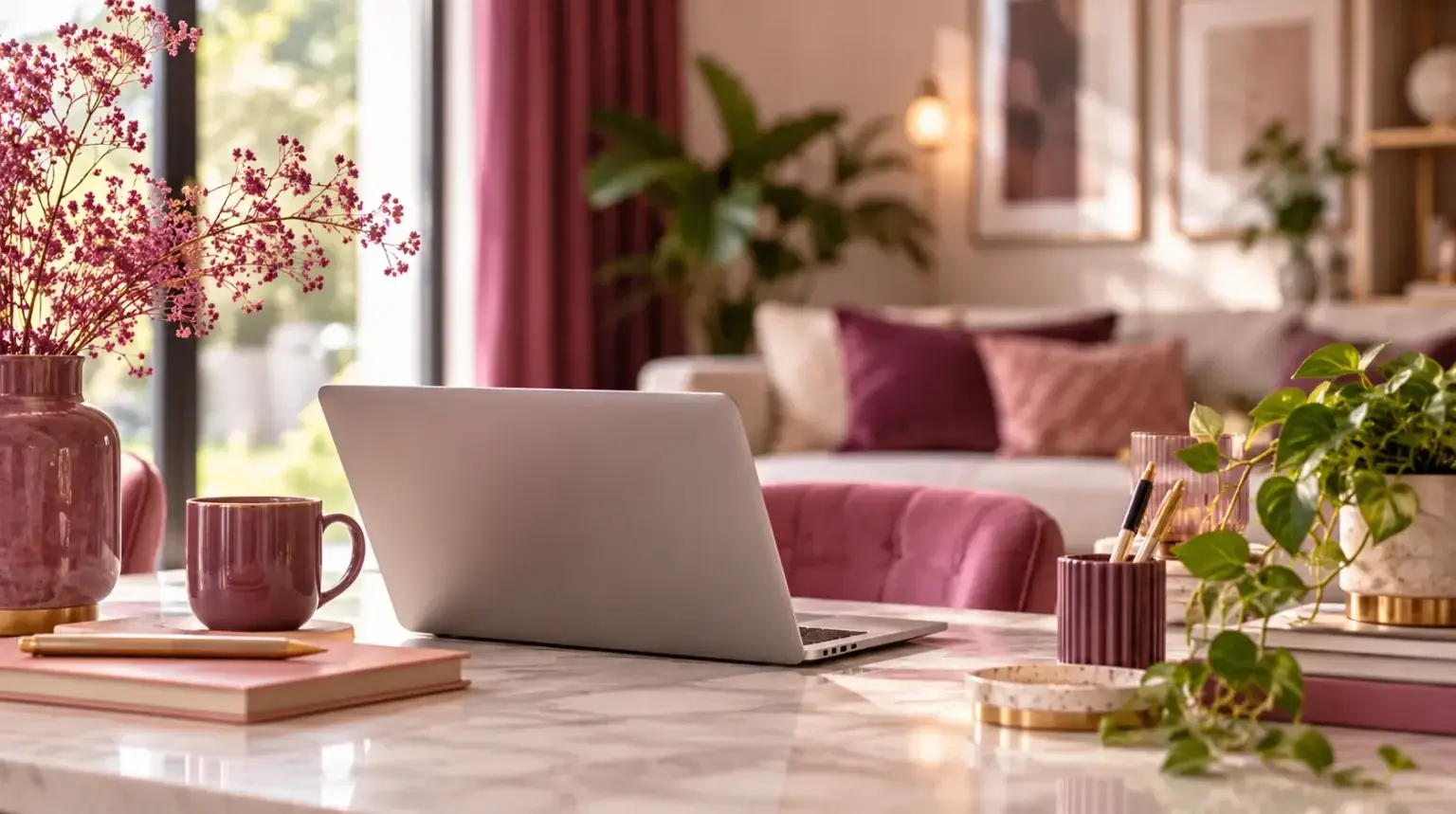 Warme contactafbeelding voor Living Spot met een laptop, kopje koffie en decoratieve woonaccessoires in een elegant interieur rond wonen, interieur en lifestyle.