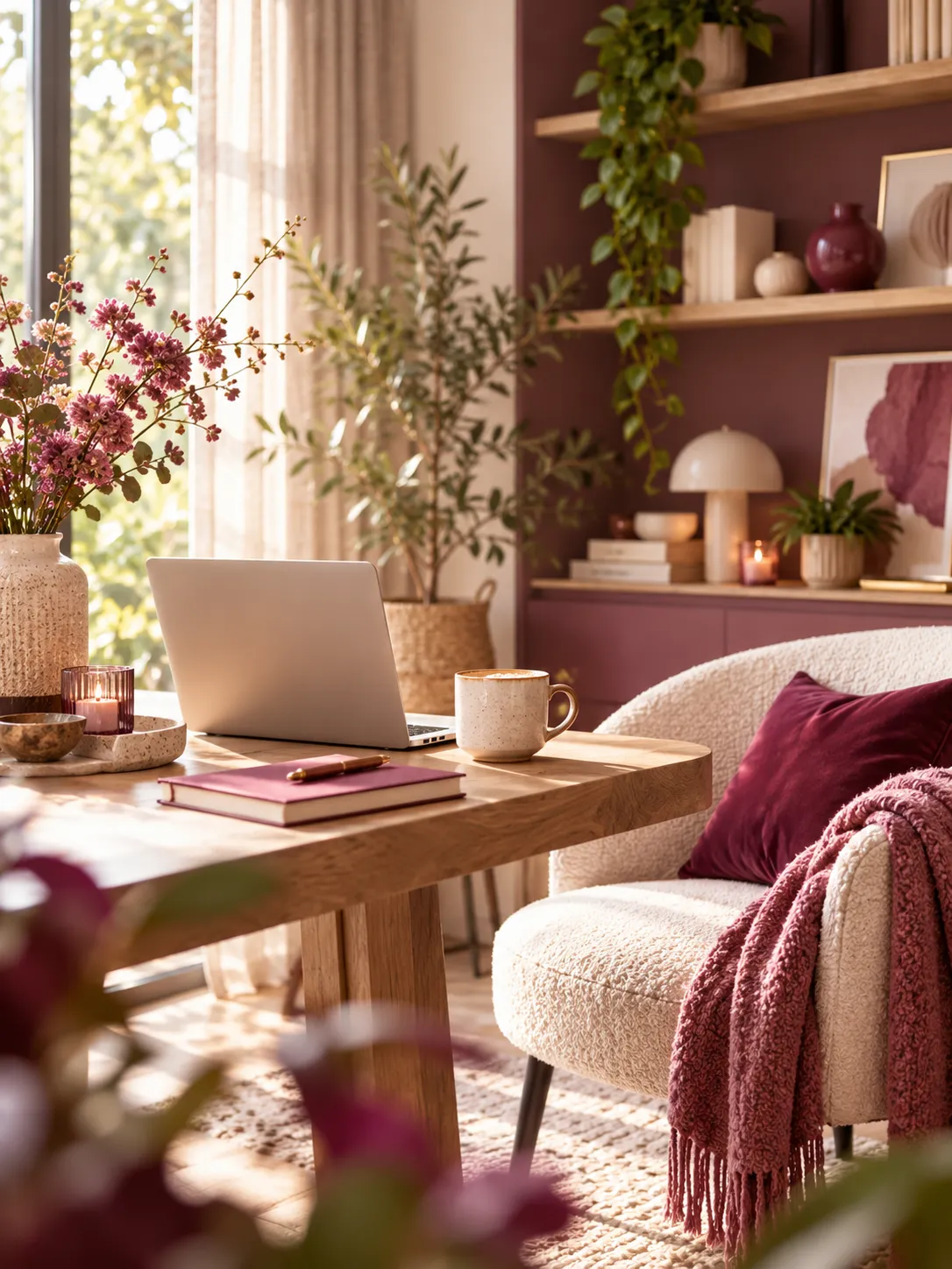 Sfeervolle afbeelding voor de Registreer-pagina van Living Spot met een laptop op een houten tafel, een kop koffie en warme woondecoratie in een elegant interieur over wonen, interieur en lifestyle.