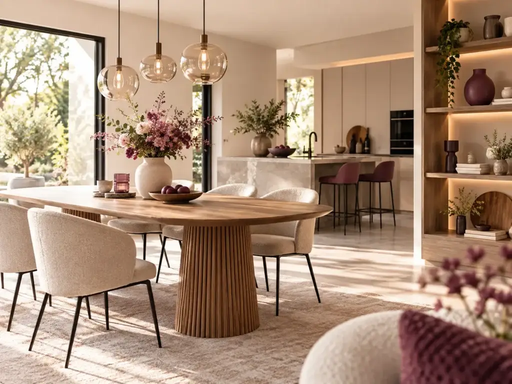Open eetkamer en keuken van Living Spot met houten eettafel, moderne verlichting en stijlvolle woonaccessoires.