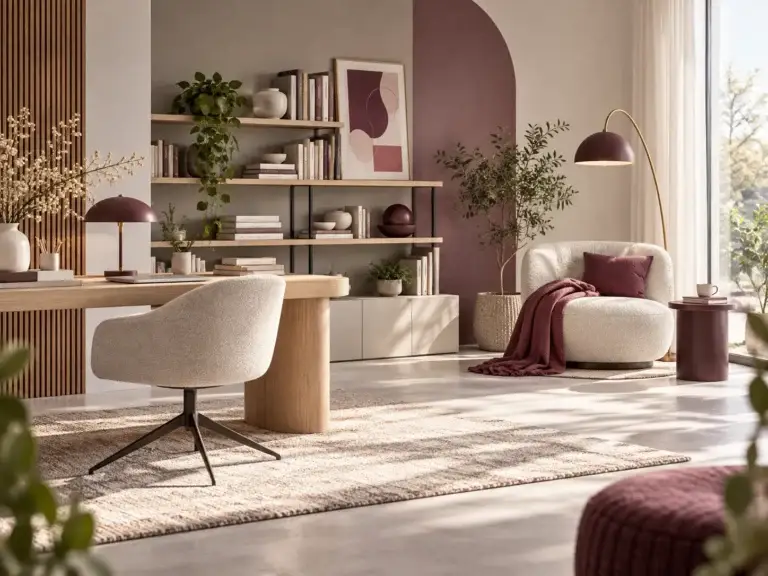 Stijlvolle thuiswerkplek van Living Spot met bureau, boekenkast, fauteuil en warme paarse accenten.