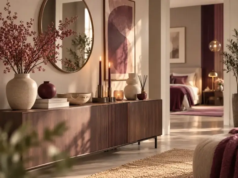 Elegant interieur van Living Spot met houten dressoir, spiegel, vazen, kaarsen en warme lifestyle-accenten.
