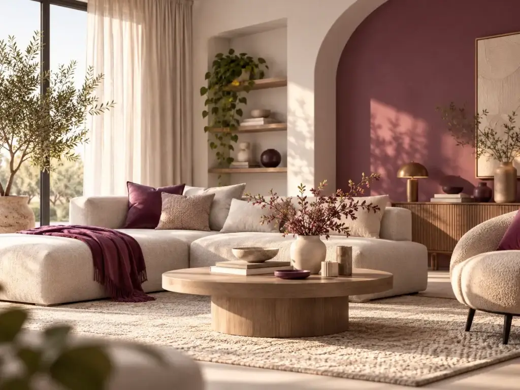 Moderne woonkamer van Living Spot met lichte meubels, warme houttinten en paarse interieuraccenten.